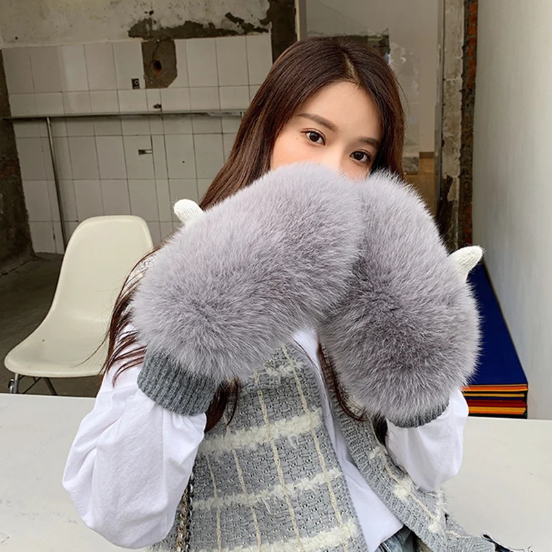 Women 100 Real Knitted Thick Genuine Fox Fur Mittens Winter Warm Lady Real Fur Gloves Knit Fur Mitten 251029