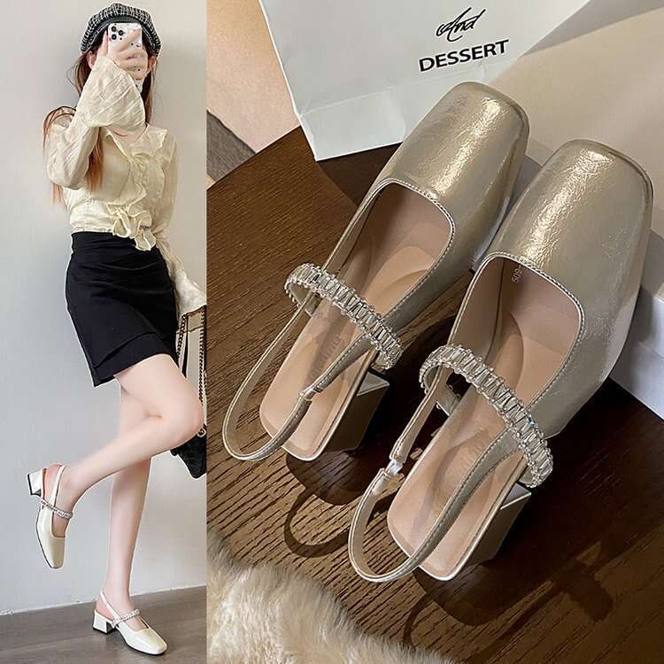 Women's 2025 New French Style Designer Shoe Flat Low Heel Closed Sandals Rhinestone Strap Soft Insole Shallow Mouth Square Toe Breathable Single 
