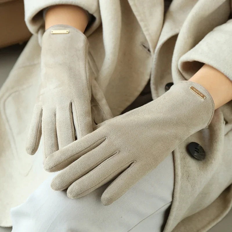 Womans Autumn Winter Warm Suede Touch Screen Driving Gloves ColdProof Plus Plush Thick Fingerless Flip Cycling Mittens Fashion 251029