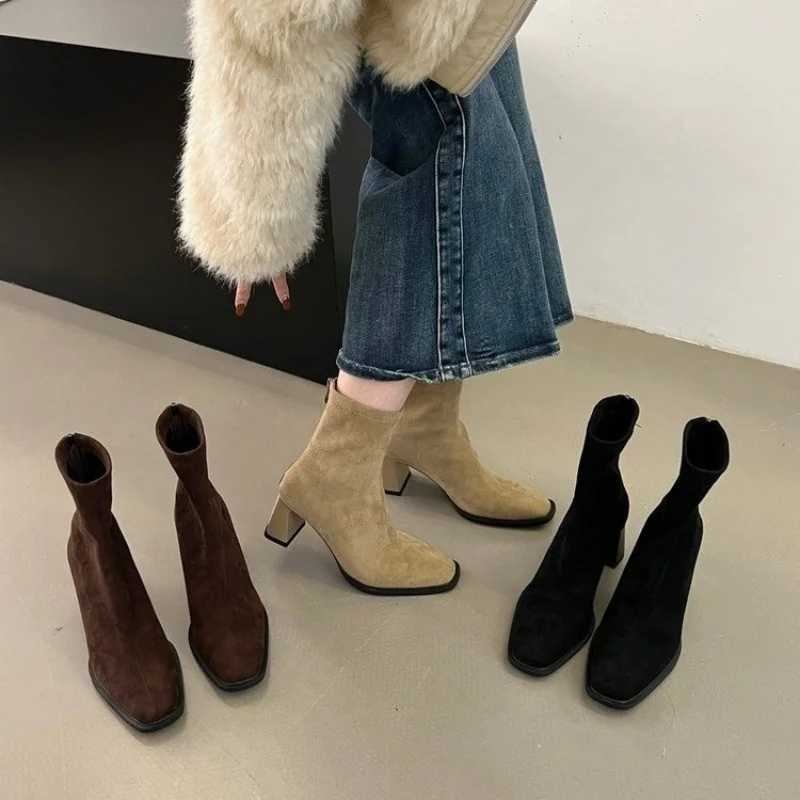 Fashionable New Square Head Sexy Suede Casual Work Boots for Winter Comfortable Zipper Banquet Elegant High Heels Womens Boots Z251029
