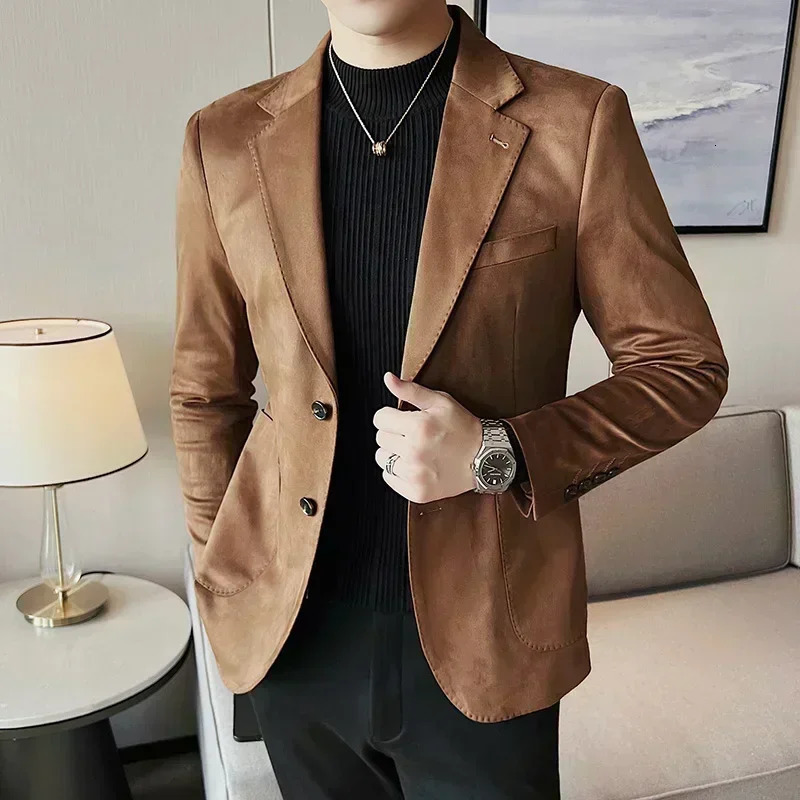 Fashion Slim Men Blazer Highend Deerskin Velvet Thick Solid Color Suit Jacket Gray Dark Green Brown Top Autumn and Winter Coat 251028