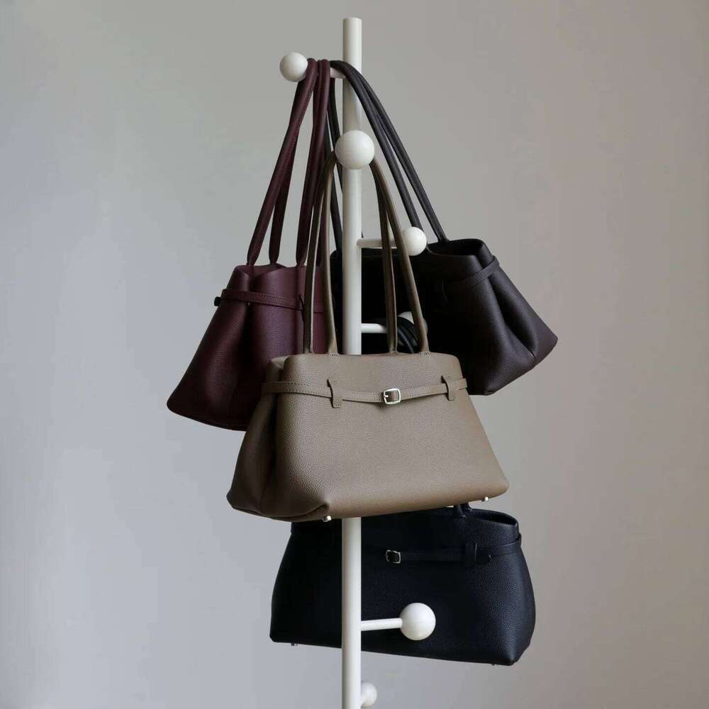Top Layer Cowhide Lychee Pattern Women's Niche Design Belt Decorative Handbag Simple Large Capacity Single-Shoulder Tote Bag Suotong1029