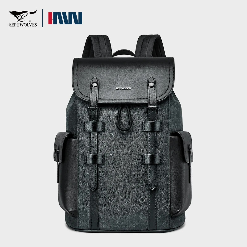 Septwolves High Quality Business Printed Leather Backpack Man Drawstring Flip Monogram Laptop Bags Print Work Rucksack 251018
