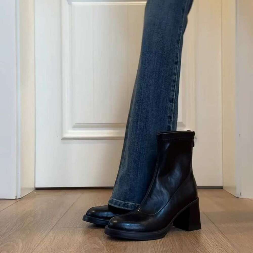 Designer Shoe Cowhide Version ~ Minimalist New Black Versatile Stretch Slim for Women with Back Zipper High Heel Slimming Short Boots