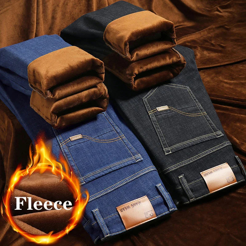 Autumn Winter Warm Flocking Denim Soft Man Activities Fleece Line Men Jeans Black Blue Grey Colors 251029