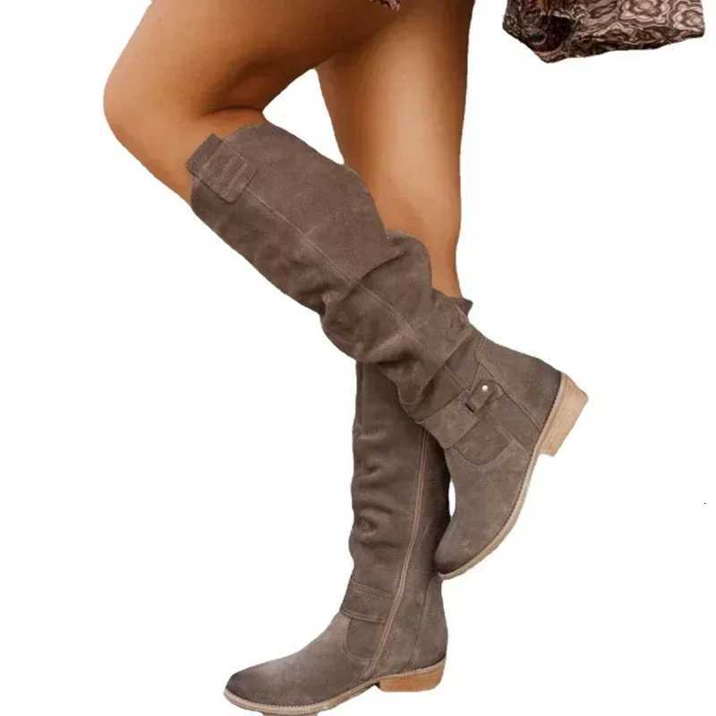 Low Heel Side Zip Size 43 Suede Thigh High Womens Boots Retro Woman Booties Autumn Winter Knee High Boots 2024 Z251029