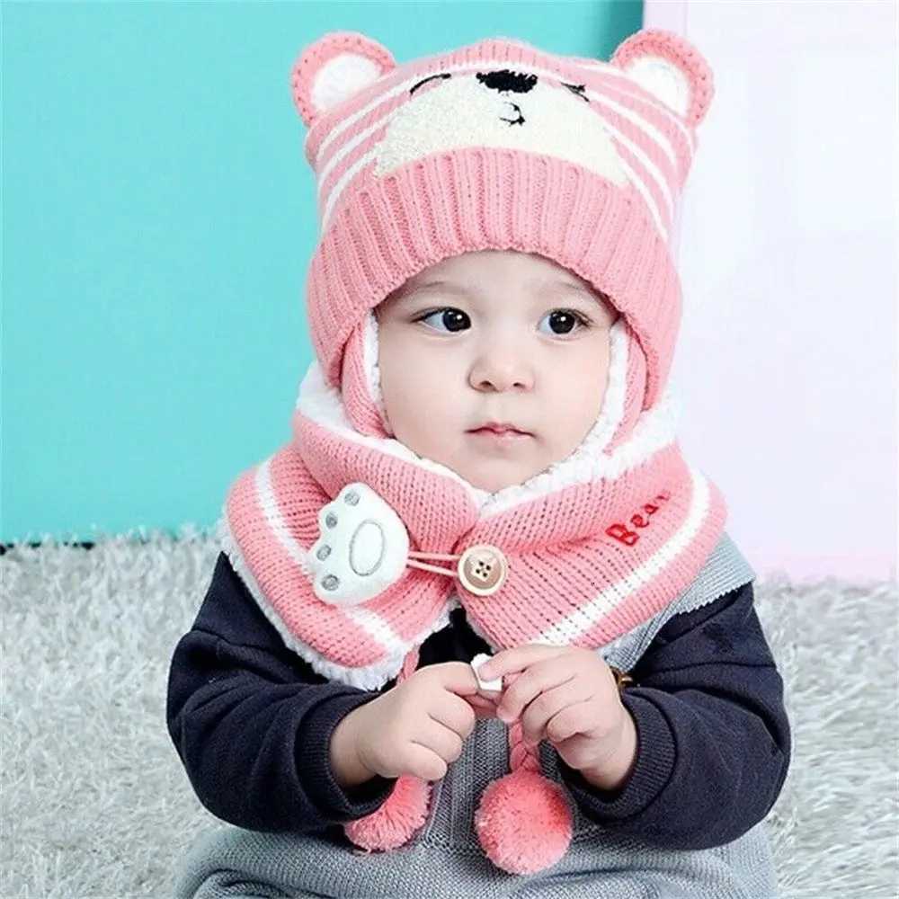 Winter Knitwear Toddler Baby Kids Hat Scarf Set Neck Scarf Bear Earmuff Baby Beanie Cap251028