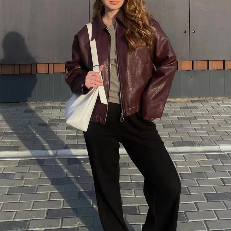 Leaher Jackets Womens Jaqueta Feminina Streetwear ins Outwear Casaco Feminino Vermelho Couro Coat Black Giacca Pelle Donna insz 251029