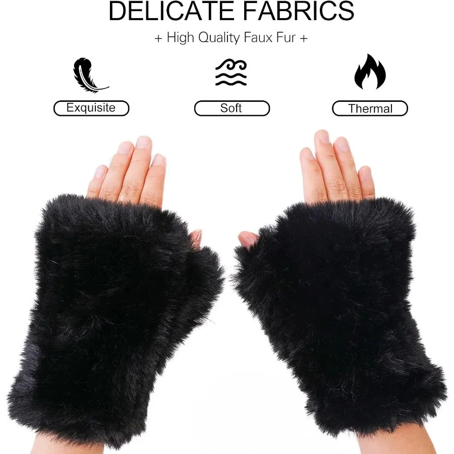 Women Faux Fur Fingerless Gloves Soft Winter Gloves with Furry for Outdoor Activities Ideal Winter Warm Costume Accessor 251029