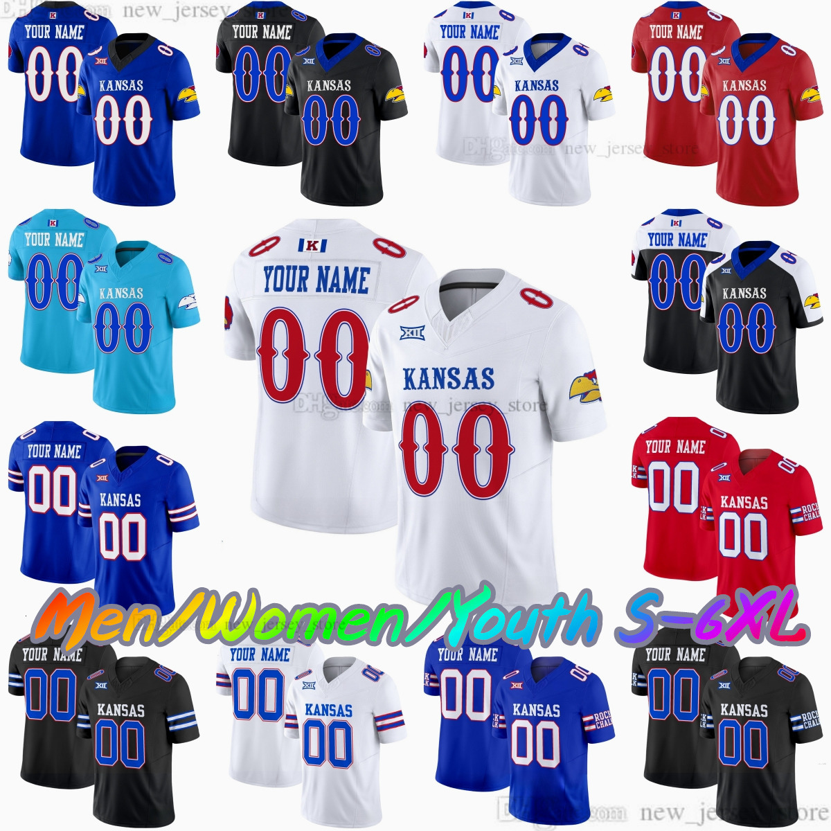 2025 Custom S6XL Kansas Jayhawks New Football Jersey 6 Jalon Daniels 9 Daniel Hishaw Jr 4 Leshon Williams 15 Justice Finkley 4 Devin Neal Sayers Stitc