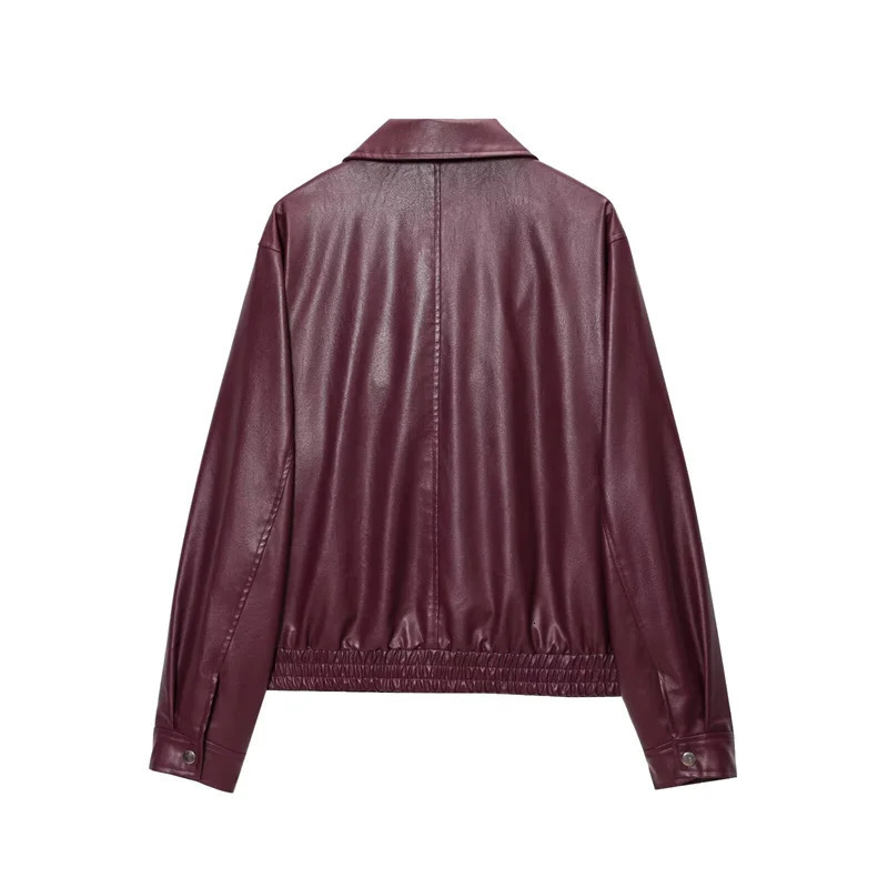 Womens Jacket 2025 American Retro Simple Lapel Burgundy Faux Leather Jacket Street Fashion Womens Jacket 251029