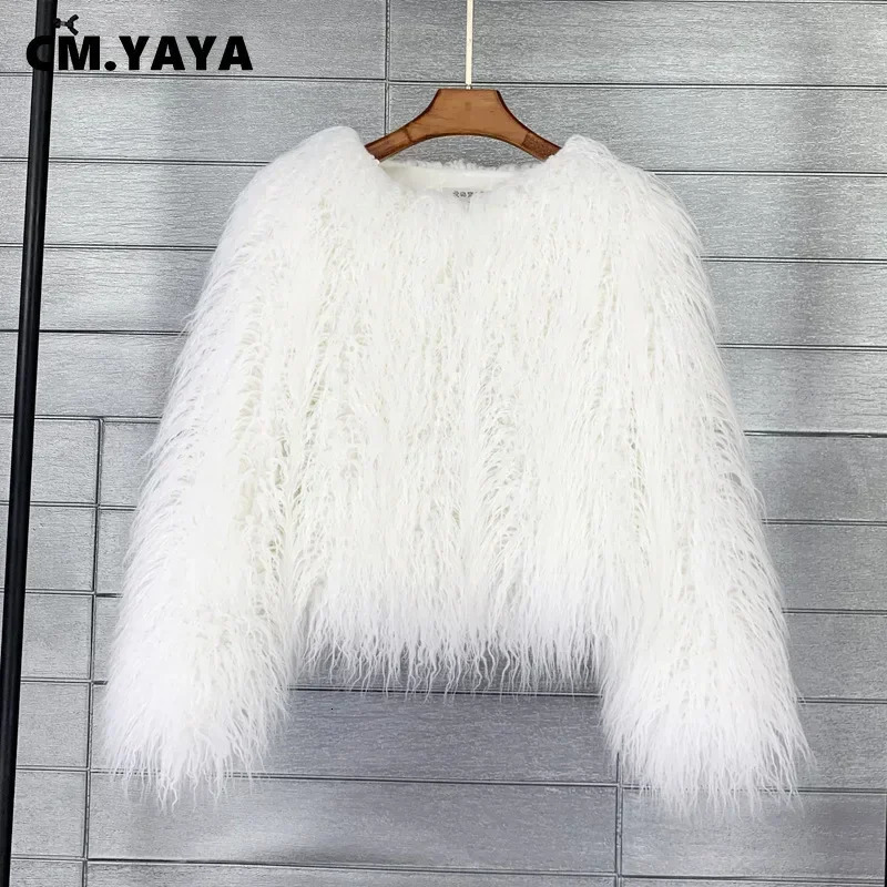 CMYAYA Solid Faux Fur Coats Women Full Sleeve Oneck Open Stitch Covered Button Fur Jackets Winter Autumn Warm Fashion 251029