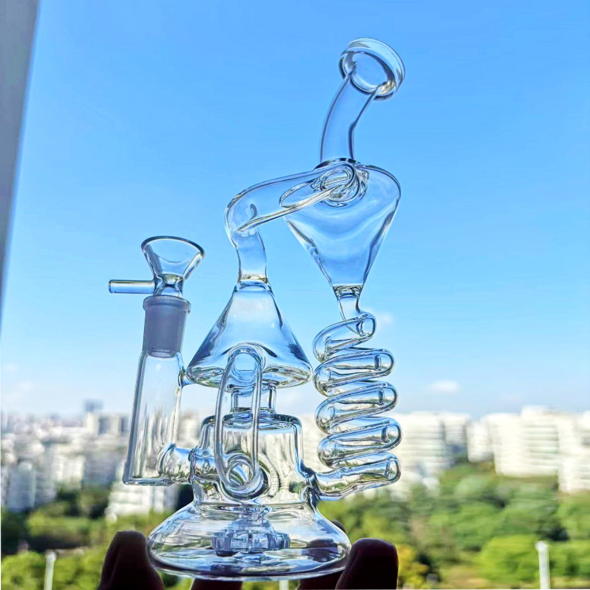 9.5inchs Recycler glass Bong Heady Hookahs Smoking Water Pipes Bubbler Freezable Coil Water bongs oil With 14mm Bowl