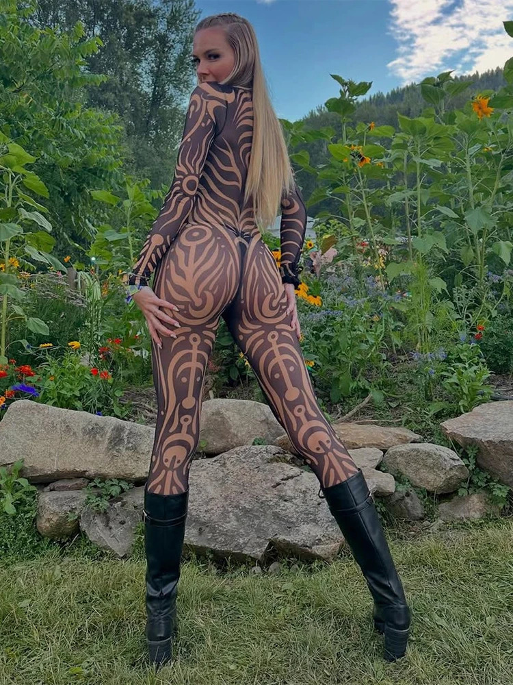 kliou Aesthetic Printed Women Jumpsuits Sexy Hipster Long Sleeve Stand Collar Bodyshaping Overalls Female Attractive Clubwear 251029