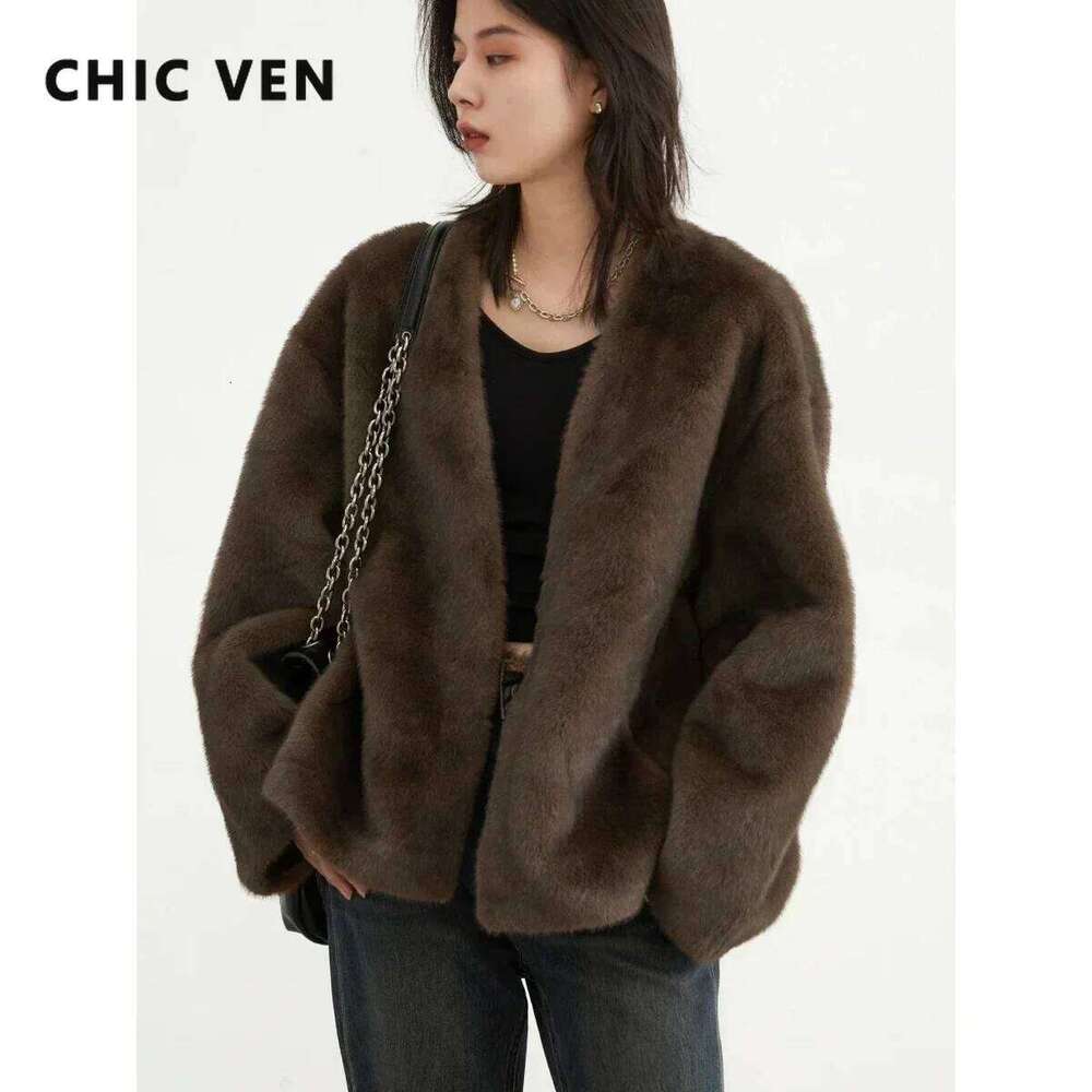 CHIC VEN Women's Jacket Loose Casual Solid Overcoat New Female Plush Coat V-Neck Woman Outerwear Autumn Winter 2023
