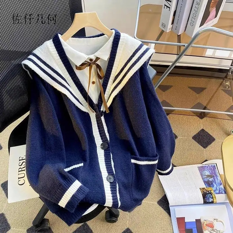 Sweet Sailor Collar Sweaters for Women Loose College Style Cardigan Woman 251029