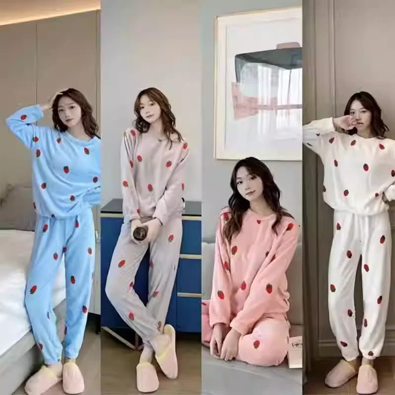 Womens Winter Soft Comfortable Velvet Jacquard Warm Sleepwear Cute Strawberry Pajama Sets Female Thermal Nightwear Loungewear 251029