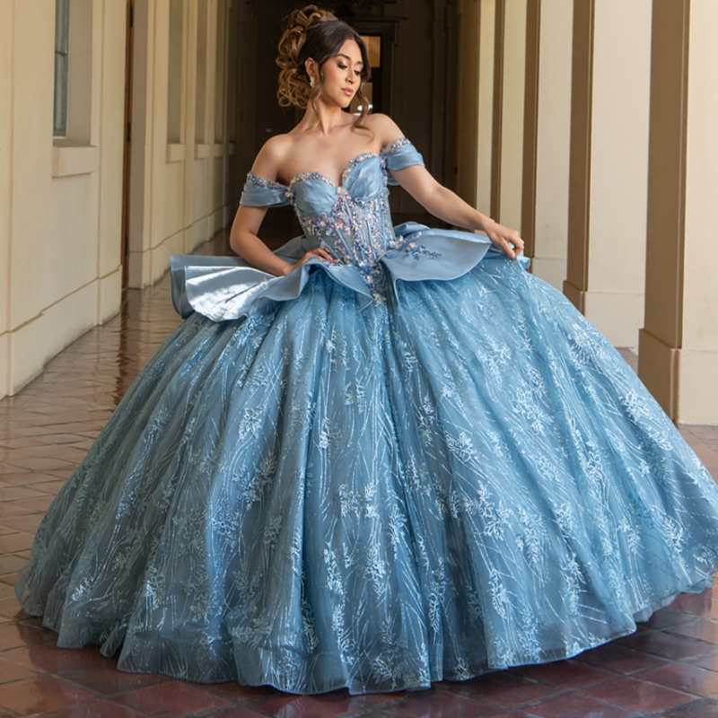 Sky Blue Shiny Quinceanera Dresses Off The Shoulder Sequin Applique Lace Beads Bow Tull Party Birthday Sweet 16 Dress Vestidos 15 de anos