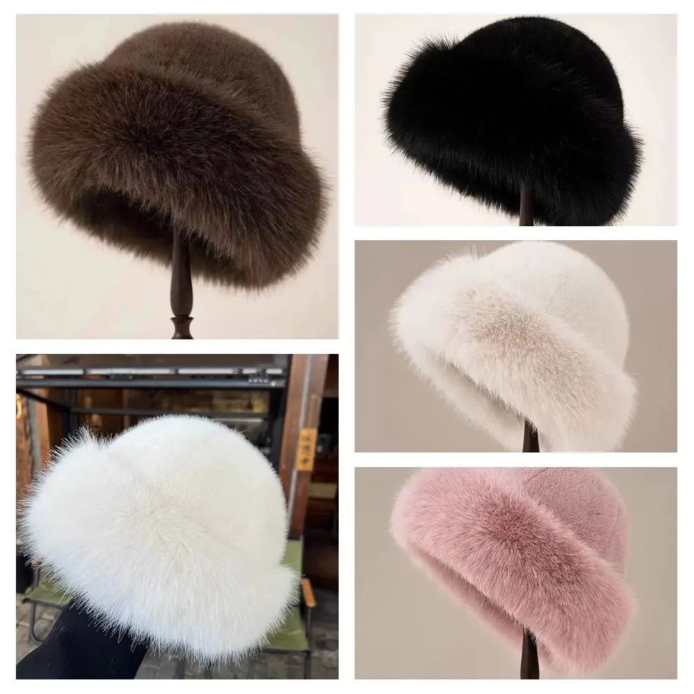 Casual Warm Cap Faux Fur Mink Hat Korean Style Bucket Hat Plush Basin Cap Solid Color Solid Beanie Winter 251029