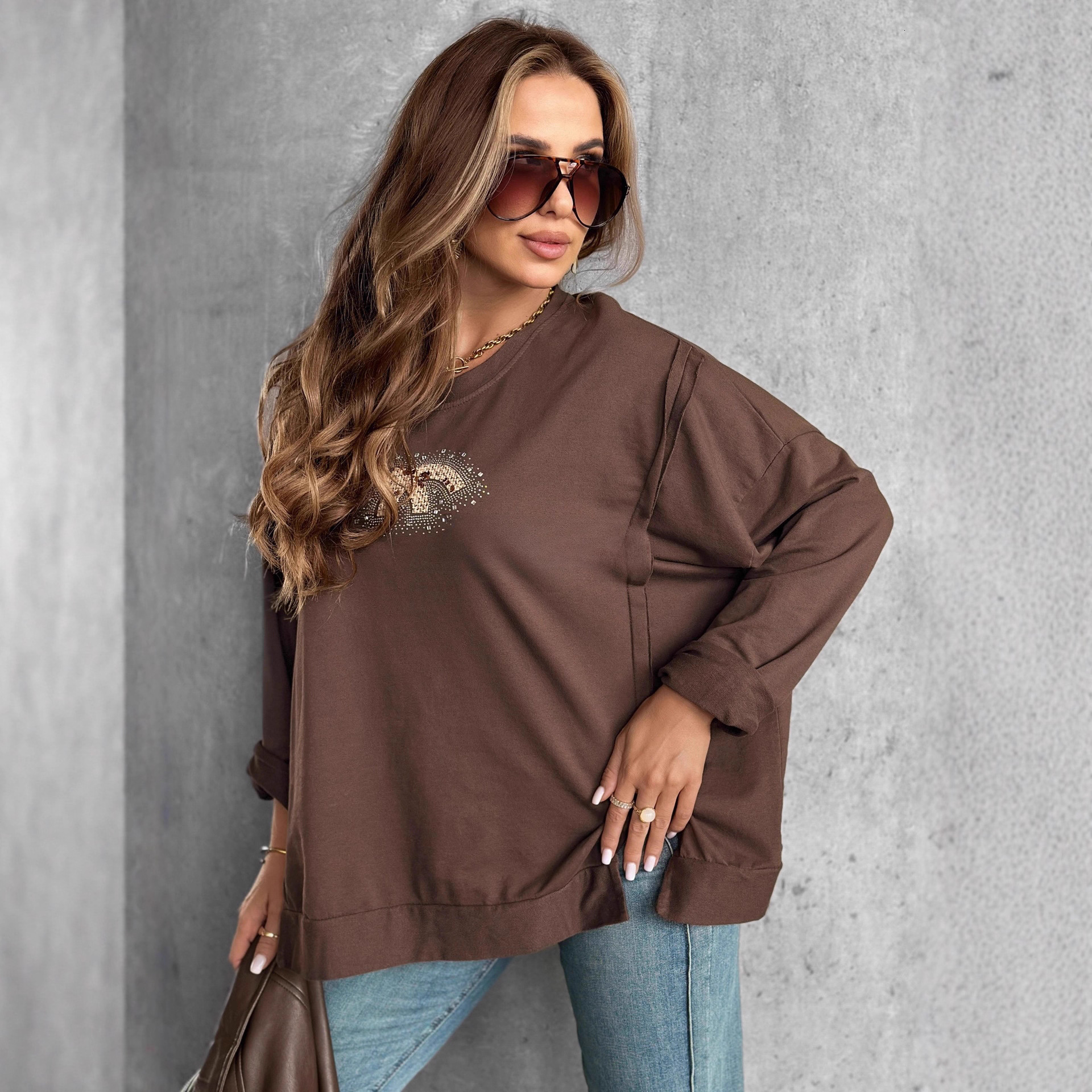 European and American style designer autumn new hot selling round neck rhinestone long sleeved sportswear top