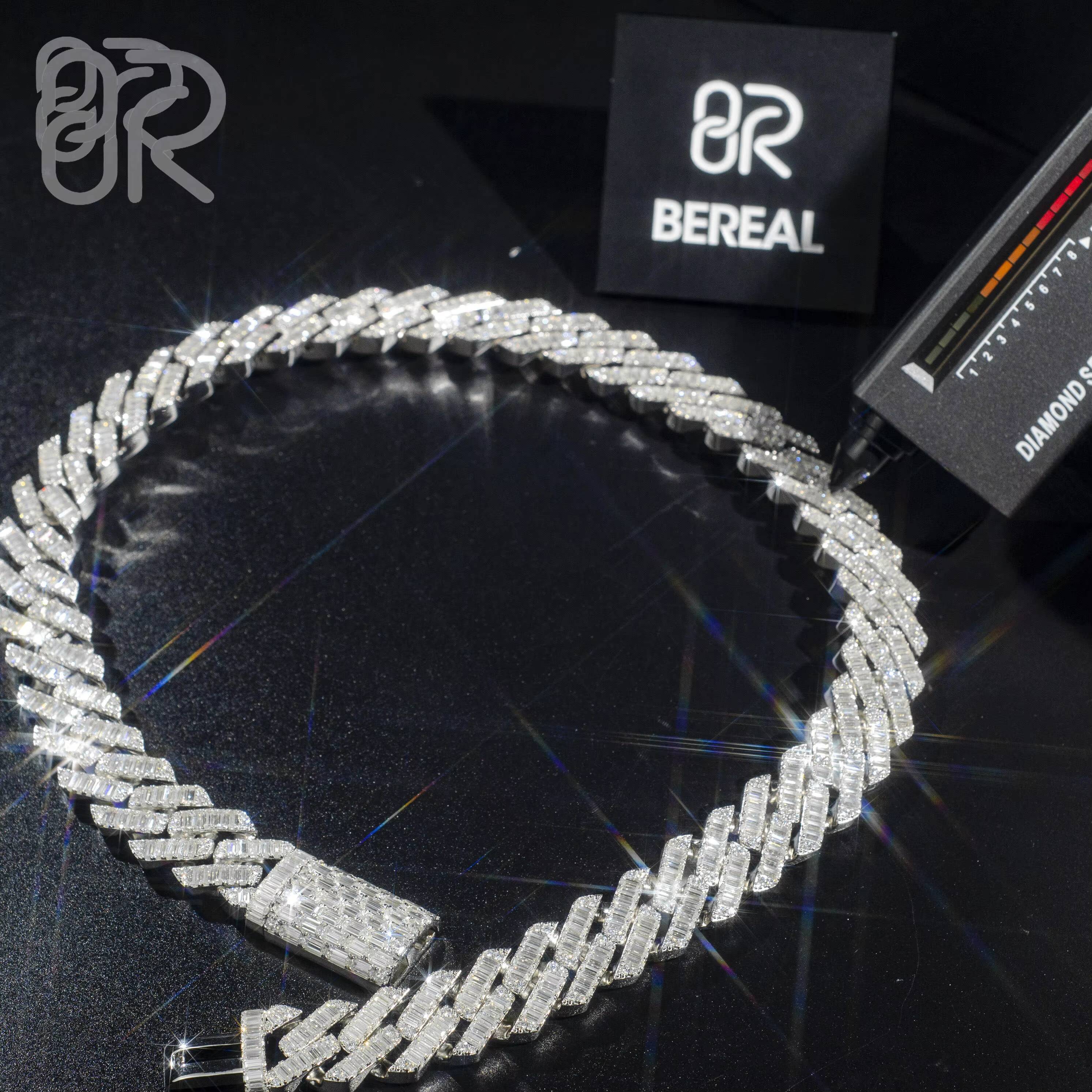 18mm 18 VVS Moissanite Cuban Necklace Pass Diamond Test GRA Certificate Baguette Straight Line 925 Silver Chain for Men