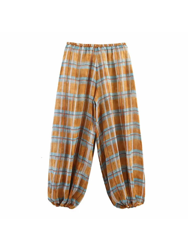 Womens Autumn Fashion Versatile Ramie Bloomers Plaid Printed Loose Pants Female HighWaist Drawstring Casual Trousers 251029