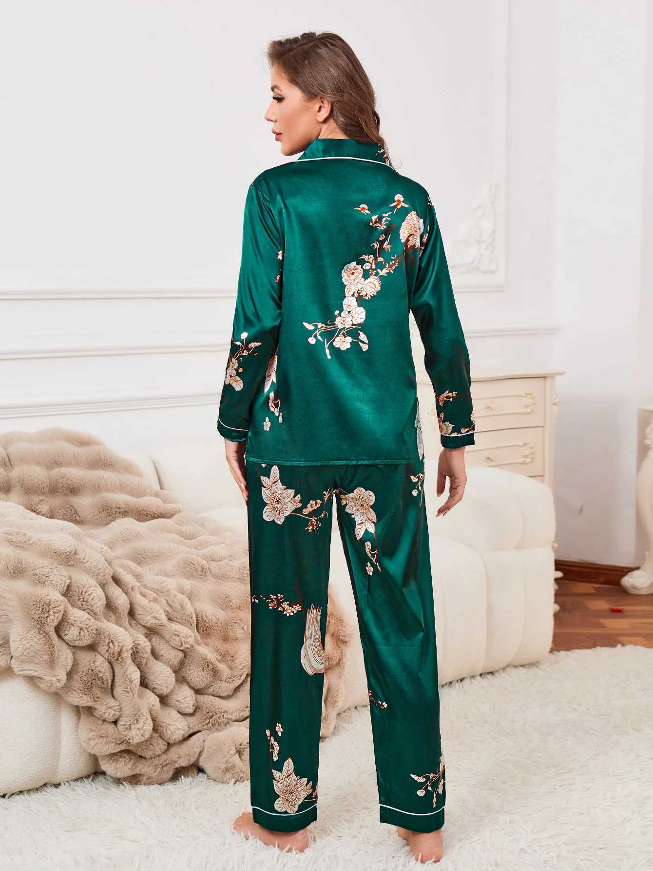 Floral Print Contrast Piping Satin Pajama SetWomens Sleepwear Loungewear Button Up Lapel Top Pants Pj SetT251029