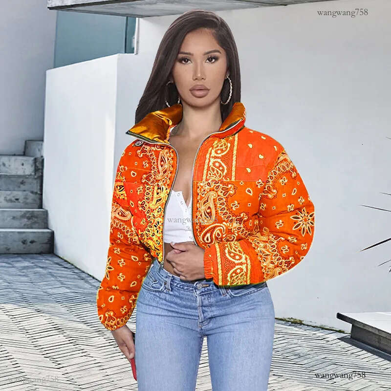 Ladies Designer Puffer Jackets, Women's Cropped Down Parka: Stylish Bandana Print Bubble Coat for Winter Fashion