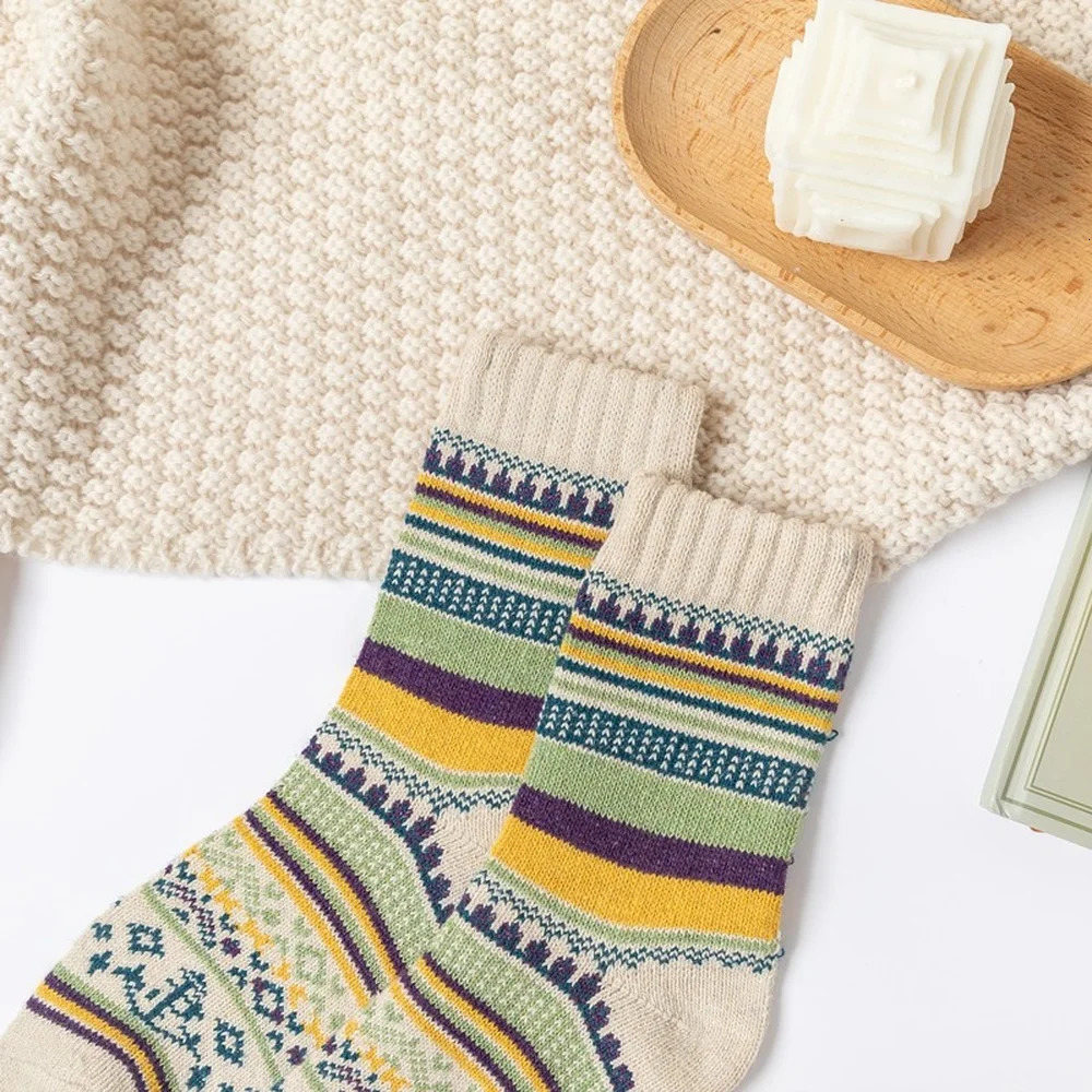 5 Pairs Autumn and Winter Cute Colorful Striped Women Warm Rabbit Wool Socks 251029