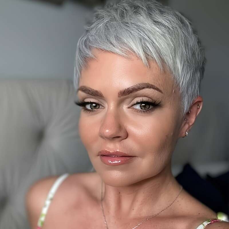 -Looking Brazilian Human Pixie Cut Wig For Women Grey Short Bob With Bangs, 150% Density Glueless Layered Wig, Pre-Plucked Hairline Rose Net No Glue A