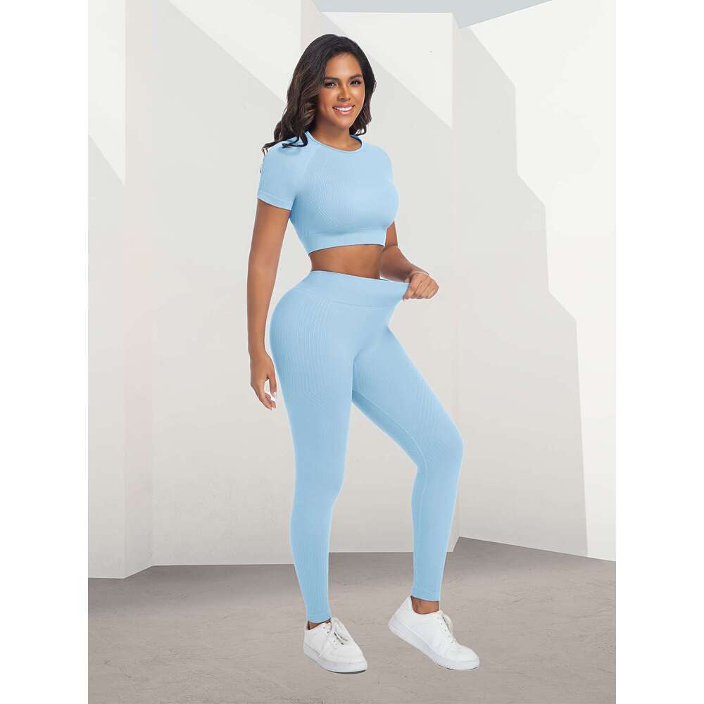 3 Sets Women's High-Waisted & Running Leggings Mid Neck Short Sleeve Workout Tops, Medium Stretch Solid Color Activewear For Gym, Training, Daily