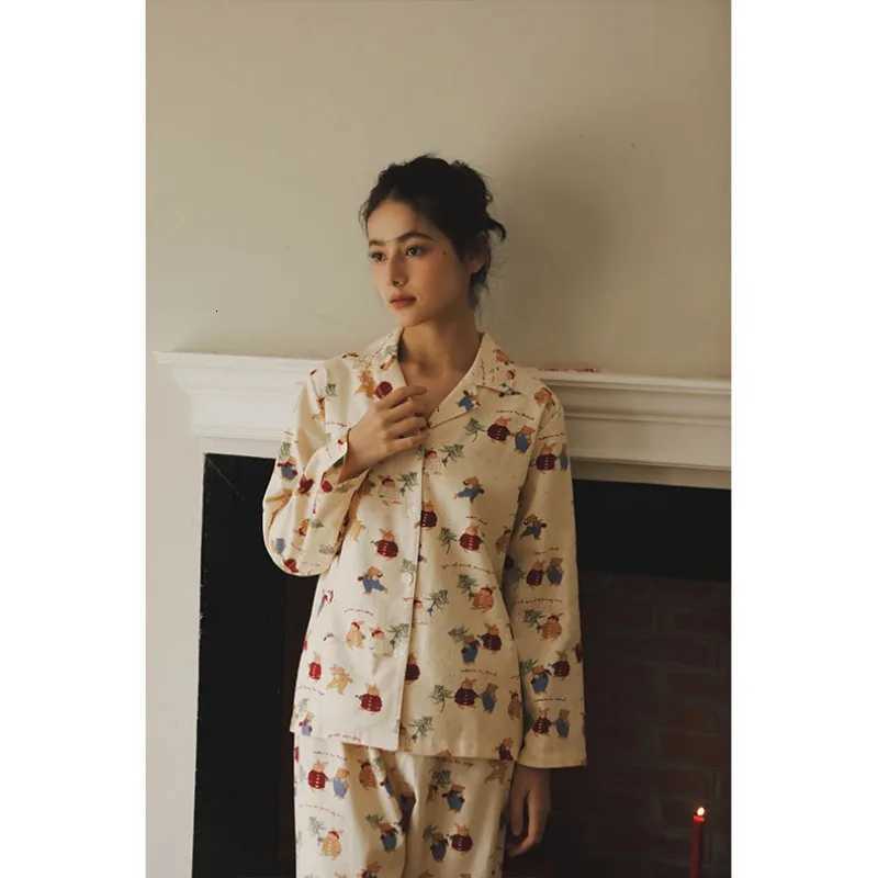 Cozy Bear Print Pajama Set for Women Soft Cotton Christmas PJs Cute Holiday Sleepwear Long Sleeve Loungewear Girlfriend GiftT251029