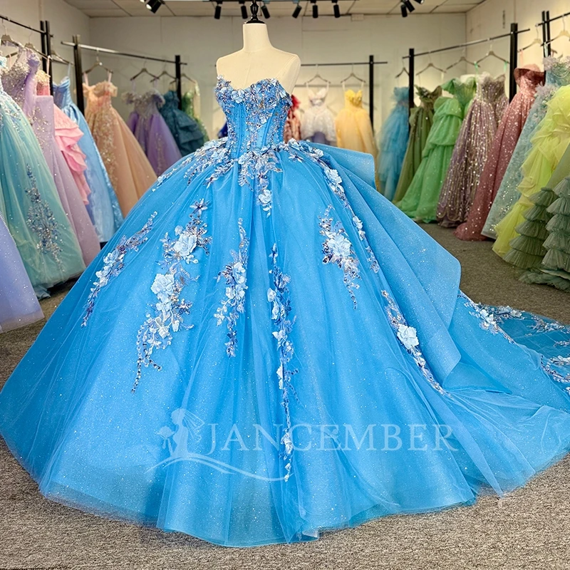 Blue Shiny Ball Gown Quinceanera Dresses Off The Shoulder Sequin Applique Flower Beads Tull Party Birthday Sweet 16 Dress Vestidos 15 anos