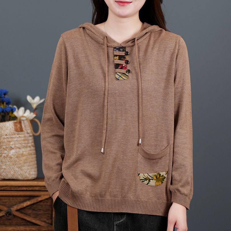 Retro designer style cotton long sleeved knitted women's sweater Spring and Autumn new hooded sweatshirt Fashion slim fit sweater