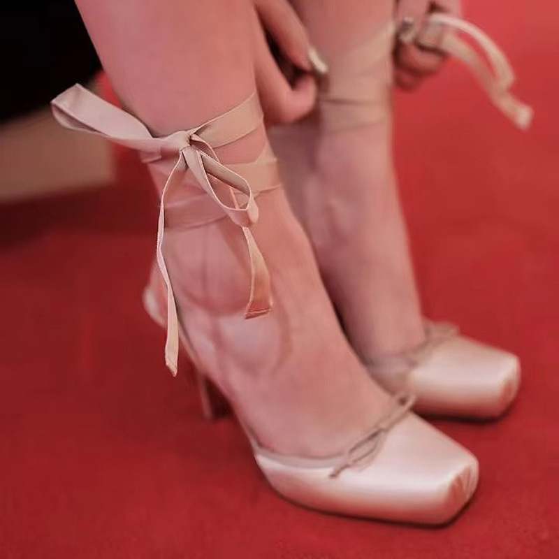 Women Pumps Fashion Bowknot Thick High Heels Female Lolita Square Toe Party Leather Shoes for Woman Sandals