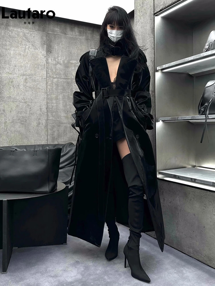 Lautaro Spring Autumn Extra Long Oversized Cool Reflective Shiny Black Patent Leather Trench Coat for Women Belt Runway Fashion 251029