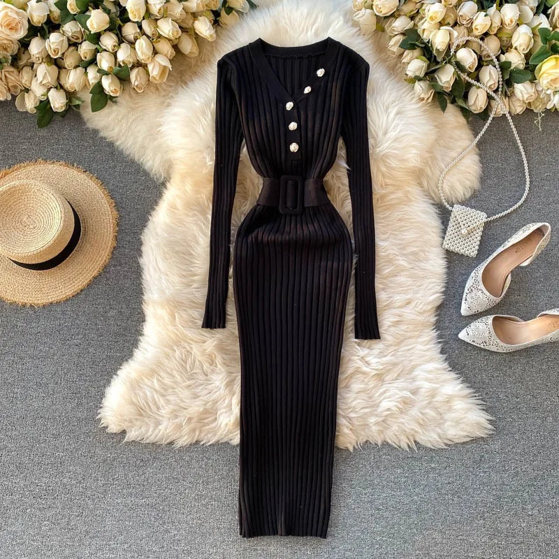 YuooMuoo Chic Fashion Sexy Package Hips Rib Knitted Bodycon Dress Autumn Winter Elegant Peal Vneck Sweater Dress with Belt 251029