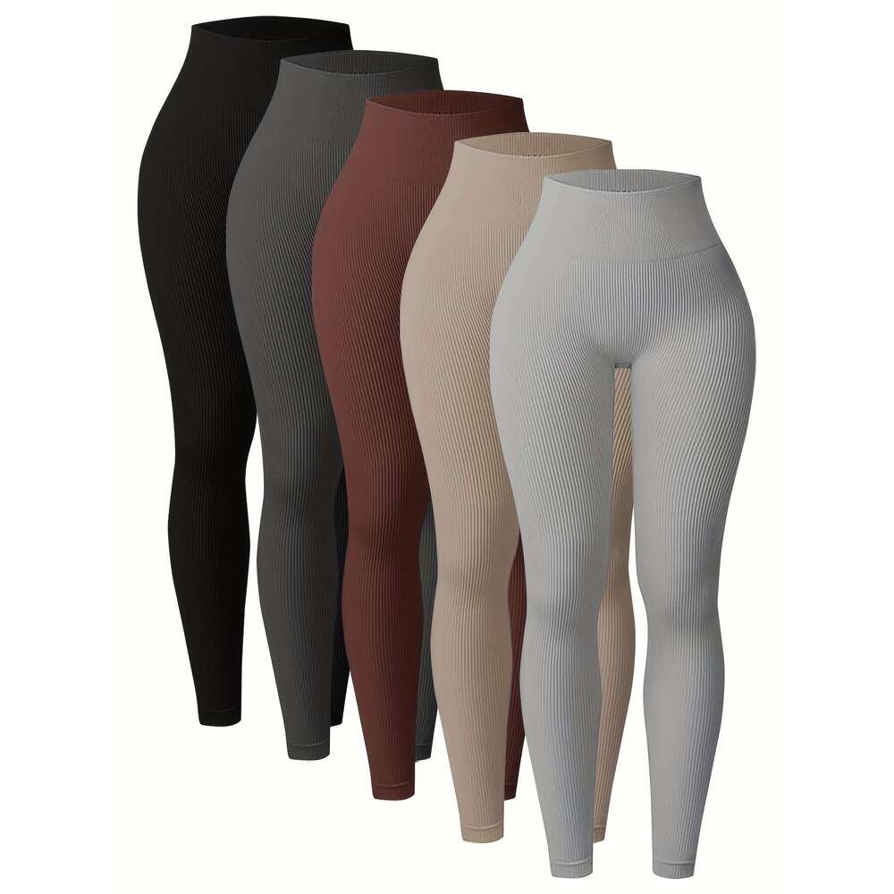 5-Pack Women'S High-Waisted Seamless Yoga Leggings, Thickened Nylon Knit, Solid Color, Stretchy, Non-Waterproof, Long Length, Basic Style with 36