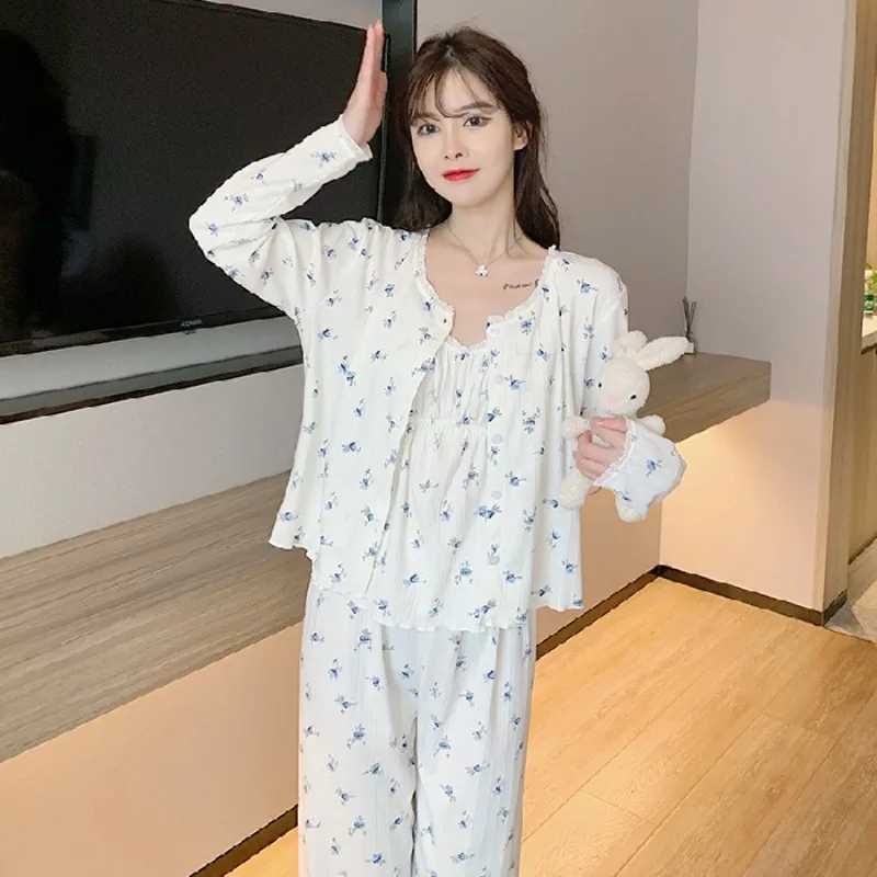 Three Piece Cotton Pajamas Women Long Sleeve Trousers Sexy Floral Student Loungewear Large Size Romantic Women Nightwear SexyT251029