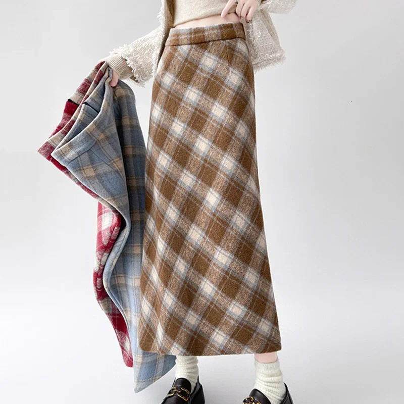 2025 Autumn Vintage Woolen Plaid Skirts Lady Elegant High Waist Slimming ALine Skirt Women Korean Streetwear Slit Long Skirt 251028