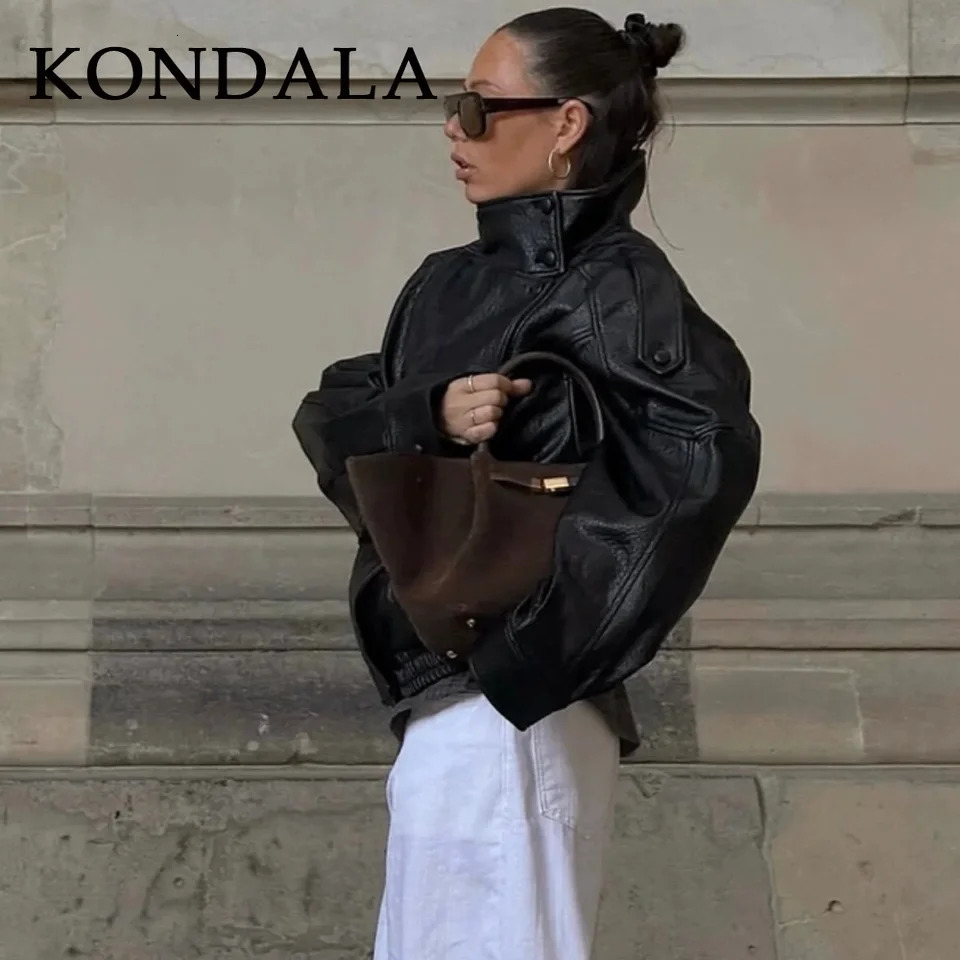 KONDALA 2025 Fall Winter Faux Leather Women Vintage Coats Fashion Streetwear Zipper Turndown Collar Christmas Ladies Leathers 251029