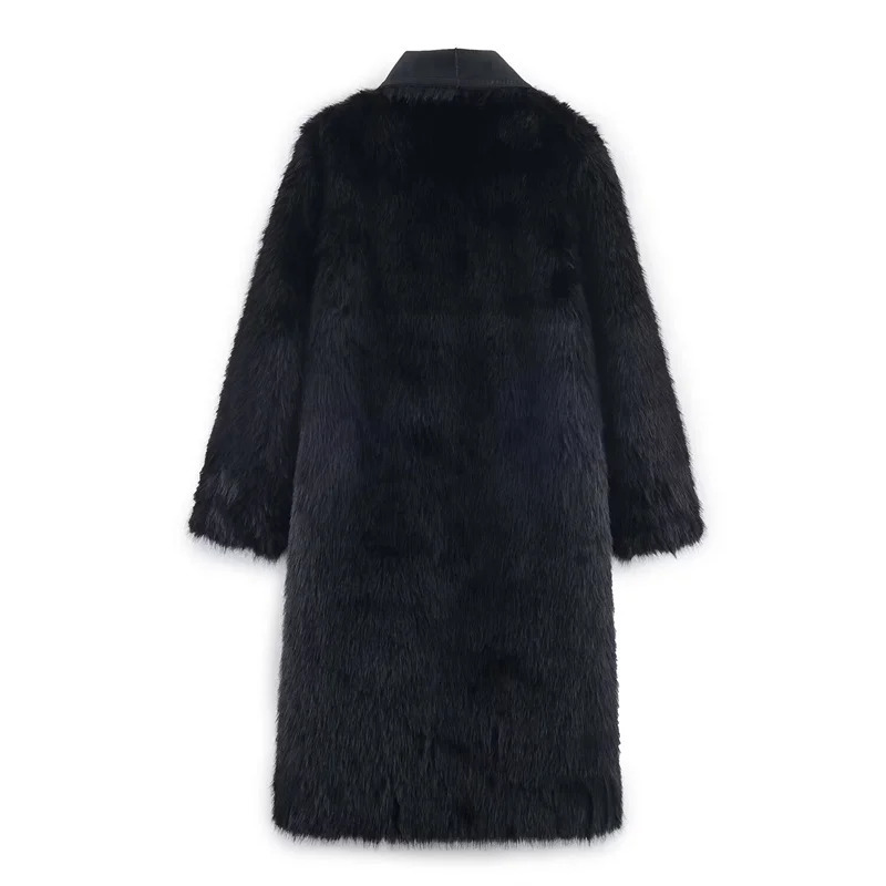 Womens Jacket Autumn Style Black LongSleeve Faux Fur Reversible Long Coat Elegant and Fashionable 251028