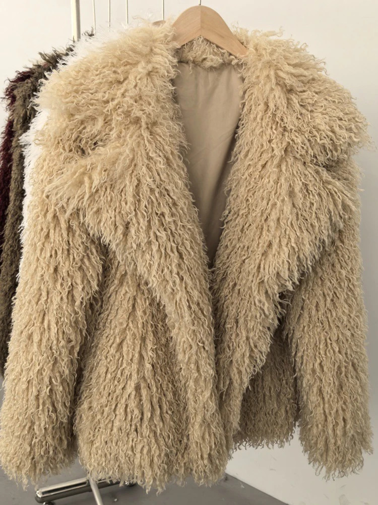 Aynaray 2025 Winter Women Faux Fur Jacket Solid Khaki Long Sleeve Thick Warm Outwear Fluffy Coat For Women 251013