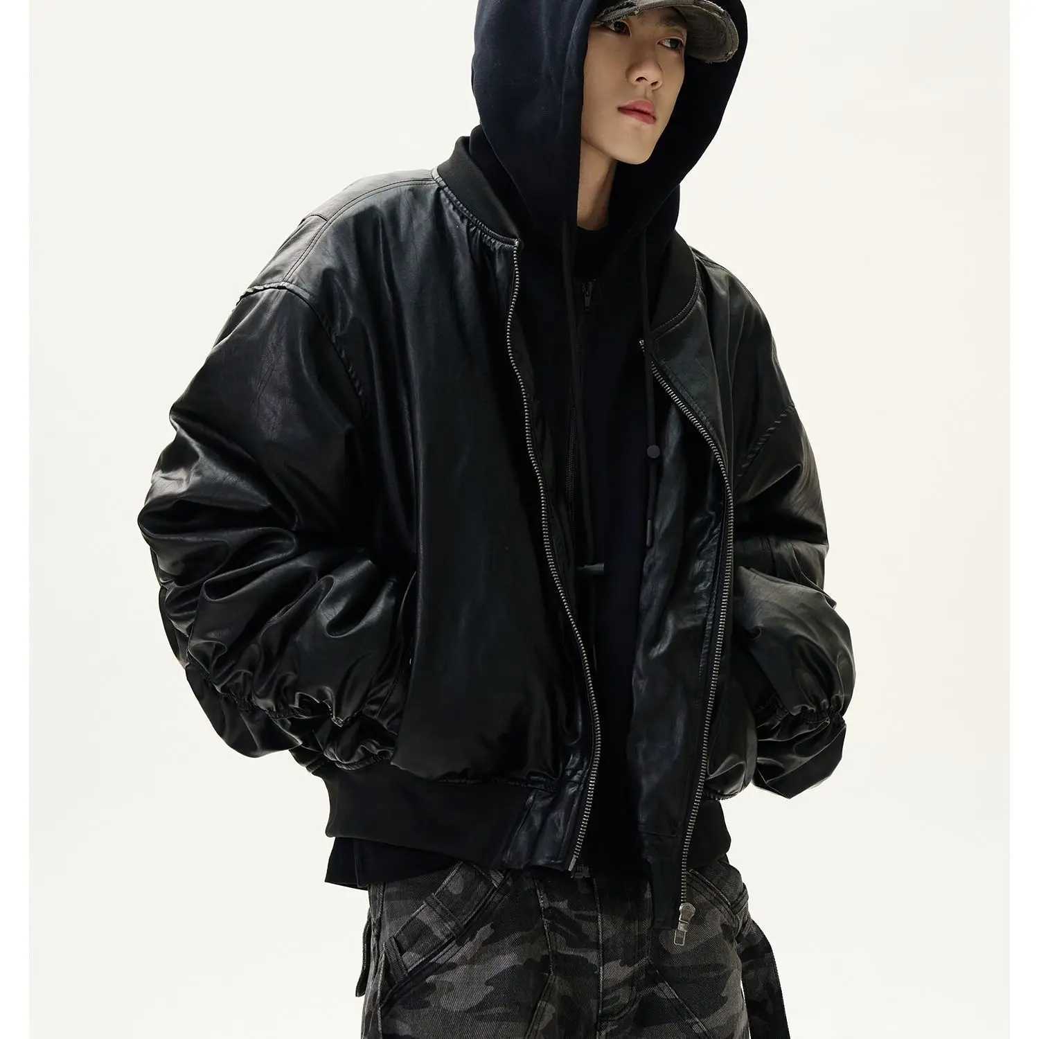2025 New Spring Y2k Outerwears Vintage Black Faux Suede Leather jacket Men Zipper Fake 2 Piece Luxury Designer Clothes HoodieT251029