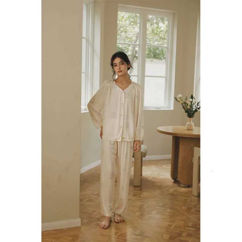 2023 Autumn Satin Long Sleeve Pajamas Set Cute Sweet Comfortable Printed Homewear Cotton Silk Fresh and Elegant SleepwearT251029