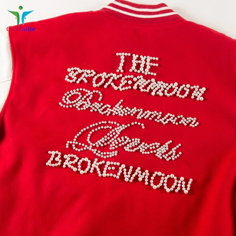 24SS Top Quality Red Rhinestones Colorblocking Leather Sleeve Mens Womens Baseball Jacket 251028