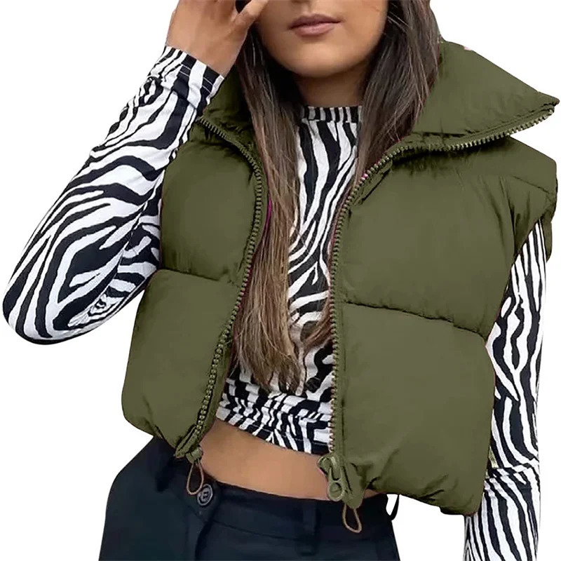Women Winter Warm Crop Waistcoat Sleeveless Stand Collar Double Sided Lightweight Puffer Vest Streetwear 251029