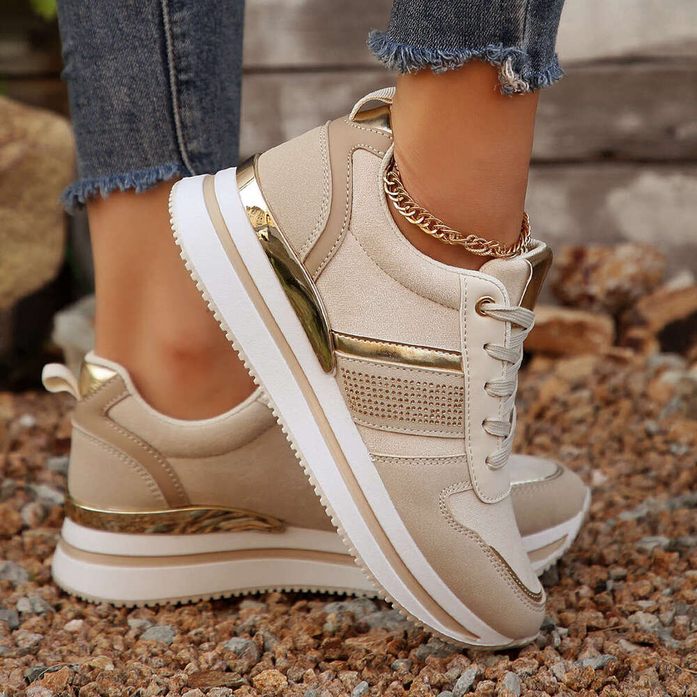 Women's 2025 New Style Retro Designer Shoe Champagne Gold Patchwork Shiny Rhinestone Breathable Height Increasing Slimming Trendy Sports Casual S