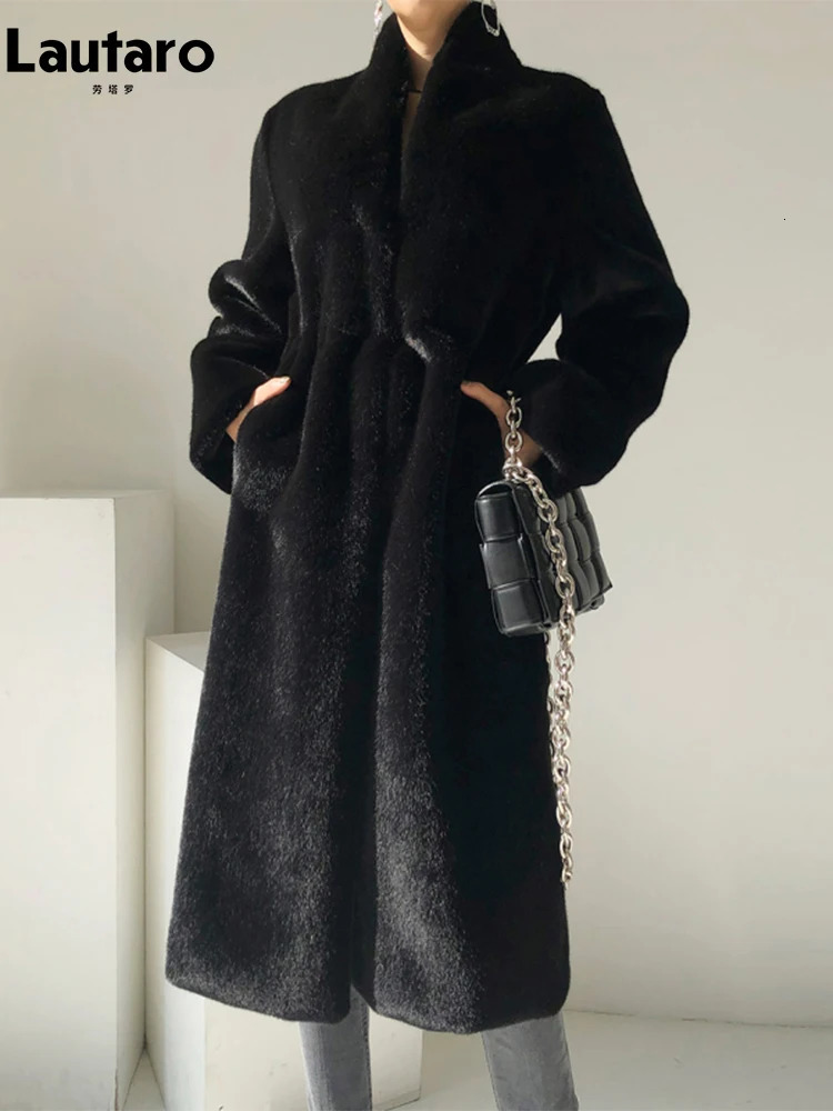 Lautaro Winter Long Black Elegant Stylish Thick Warm Fluffy Hairy Soft Faux Mink Fur Coat Women Stand Collar Sashes 251029