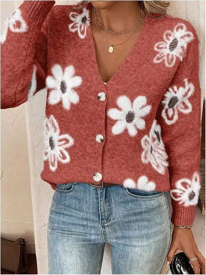 2025 New Fashion Autumn Winter Womens Singlebreasted Casual Trendy Floral Long Sleeve Knitted Sweaters Cardigans Female CoatsT251028